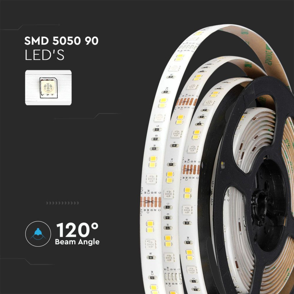 Zestaw V-TAC do taśm LED SMD5050 15W/m 90 LED/m RGB+3IN1 5m Kompatybilny z Alexa i Google Home z pilotem i zasilaczem IP65